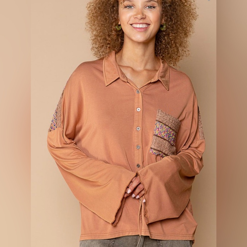 POL Mocha Rainbow Embroidered Wide Sleeve Button Down Flowy Boho Top